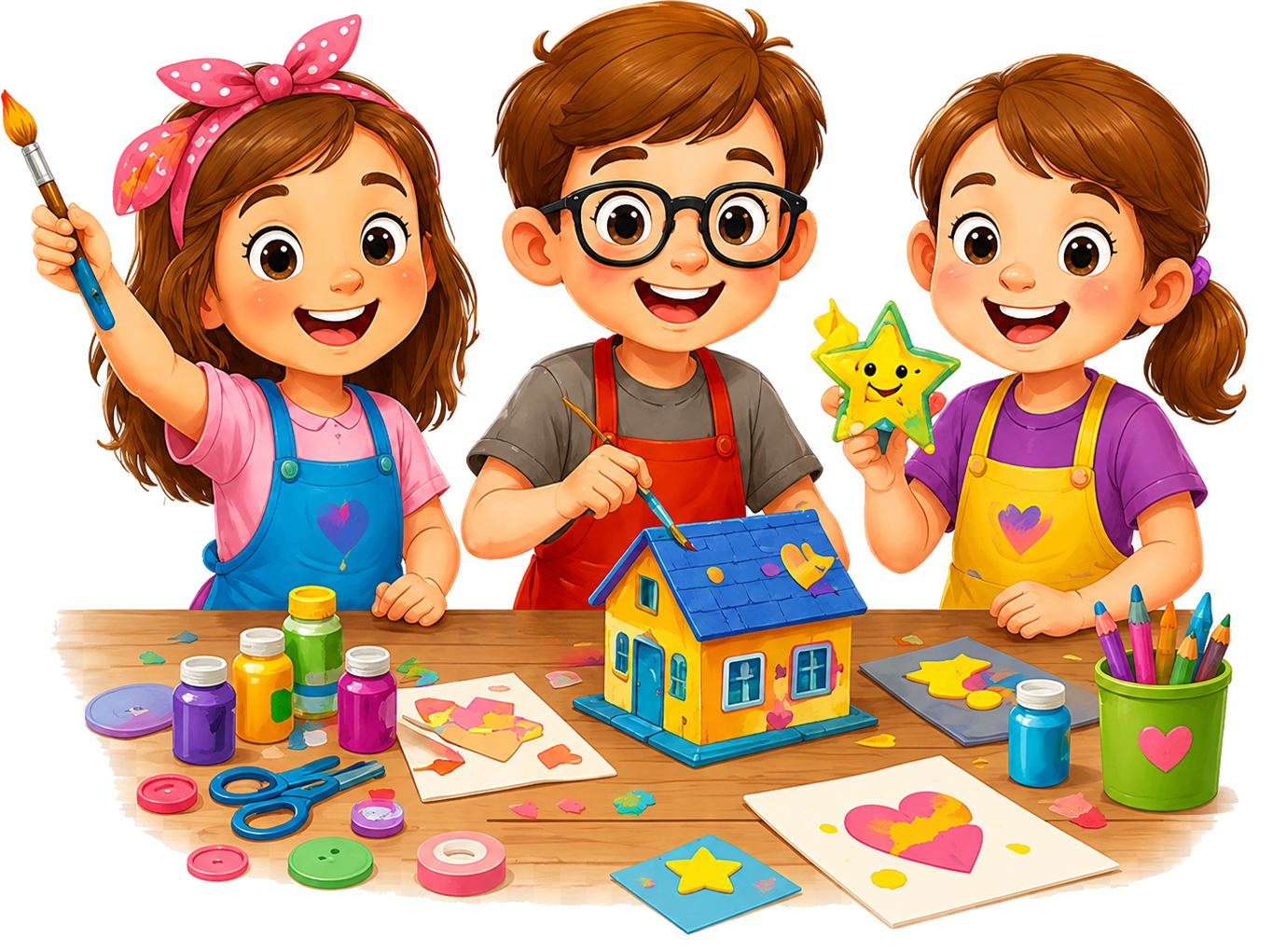 Three happy children making colourful arts and crafts