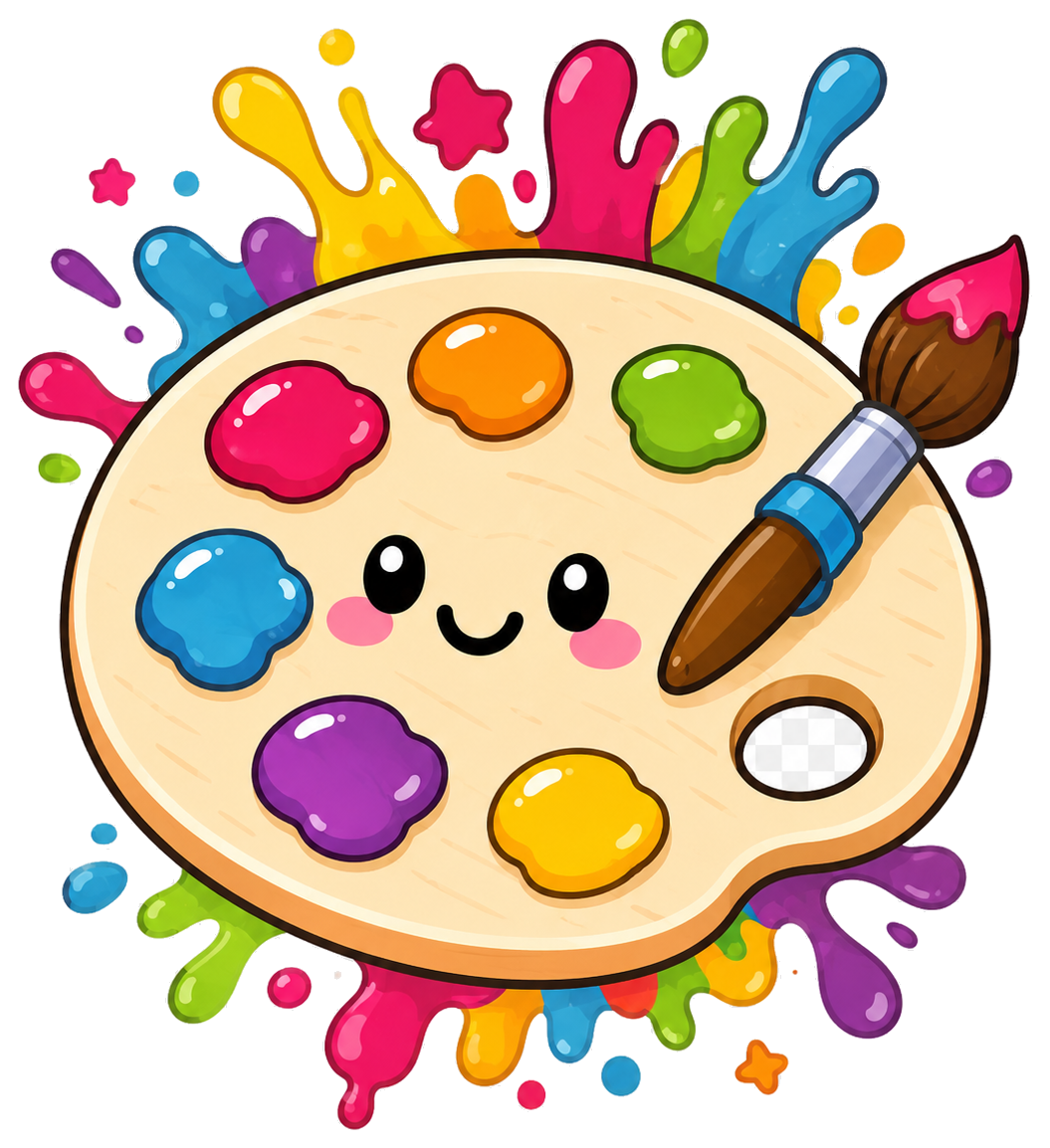 Smiling artist palette with colourful paint splashes