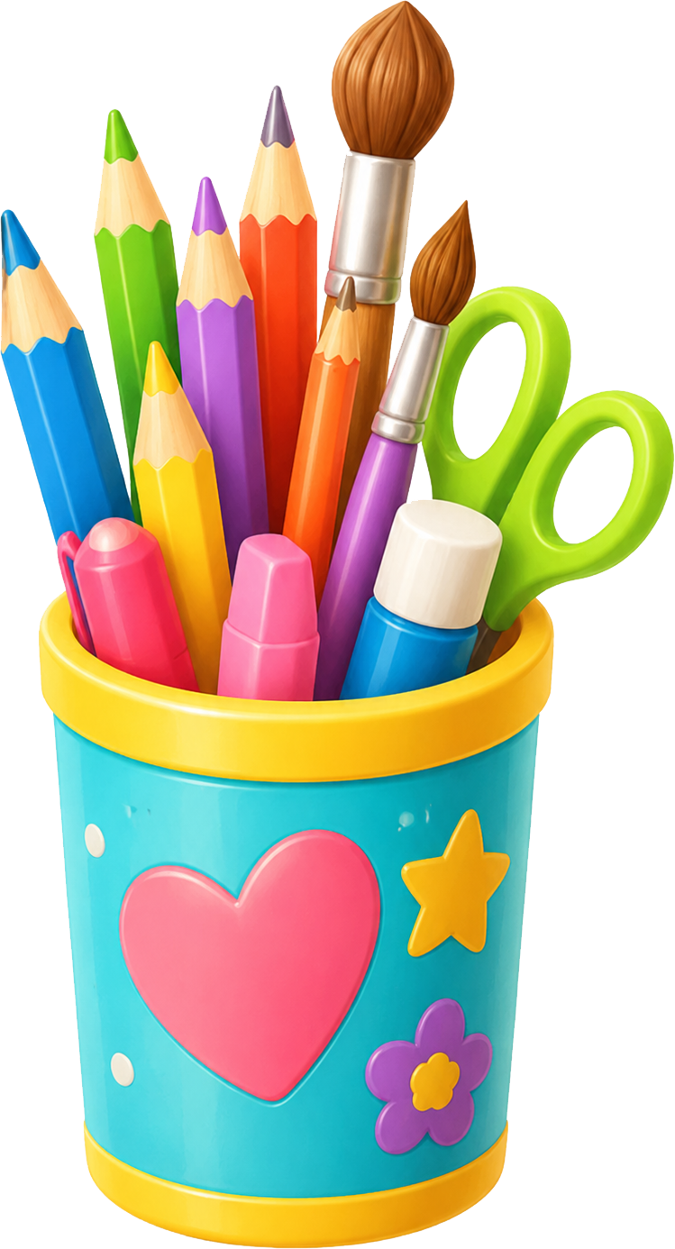 Colourful pencils and paintbrush in a blue cup